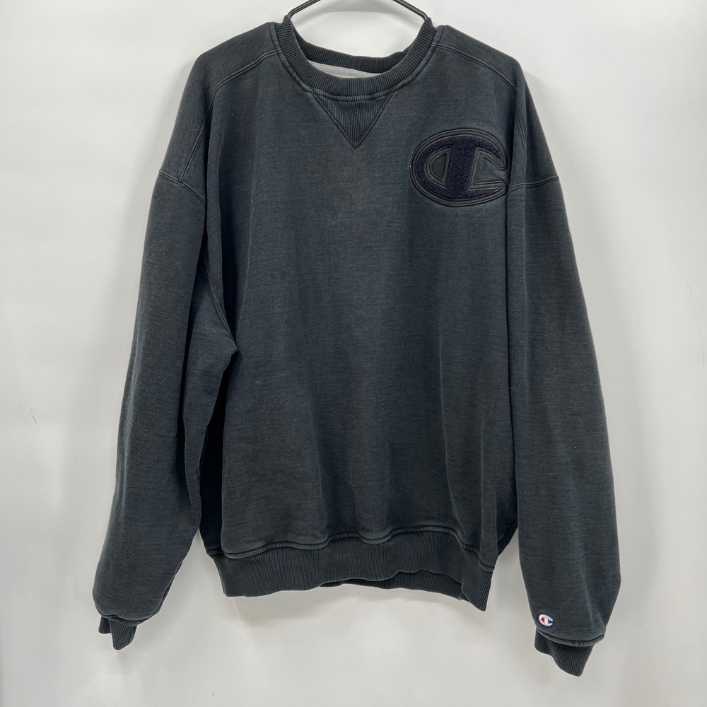 Champion XXL Crewneck‎ Sweatshirt Mens Faded Black Chenille Logo Patch S2210-003